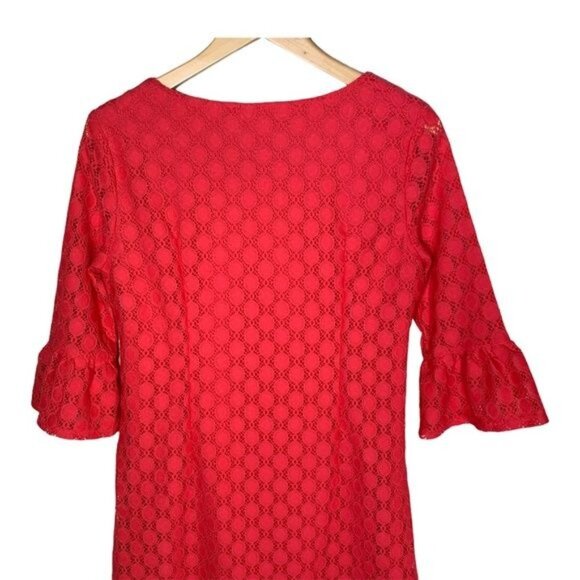 Tacera Red Lace Bell Sleeve Mini Shift Dress Small - Picture 6 of 12